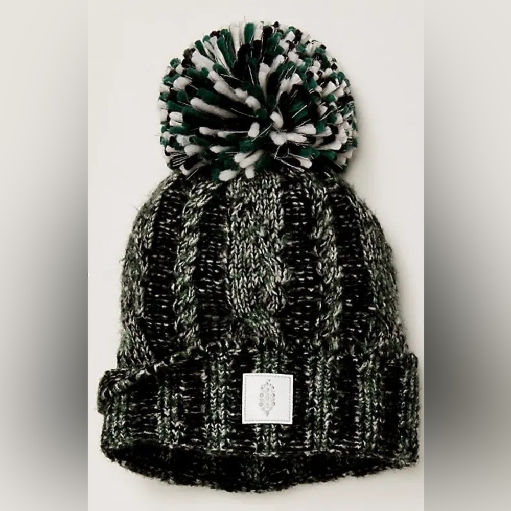 Free People Movement Pom Party Reflective Beanie Hat White Black Green Combo New